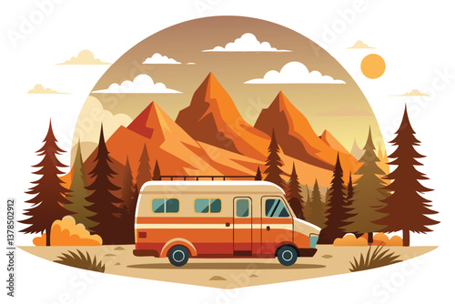 Campervan in a Mountain Landscape Scenery with Orange Sun, Style