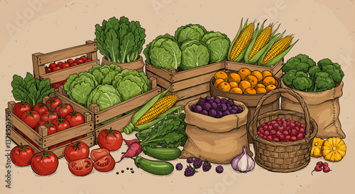 Fresh produce in wooden crates and sacks.