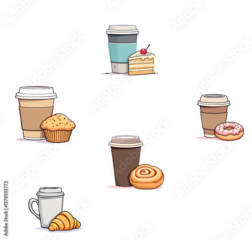 Coffee, pastry and donuts representing breakfast and coffee break icons
