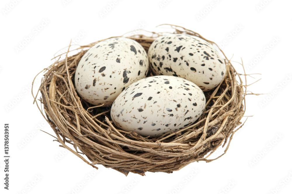 Speckled eggs in bird nest on white background, cut out Speckled eggs in bird nest on white background, cut out