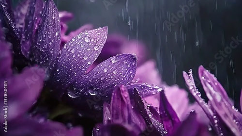 Abstract macro view of raindrops clinging to textured purple chrysanthemum petals, monochromatic background highlighting chromatic contrast. Modern botanical art for tech device wallpapers or sustaina