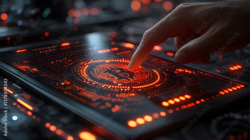 Close-up of a finger interacting with a glowing Bitcoin blockchain ledger displayed on a futuristic tablet screen showcasing cryptocurrency technology and digital finance