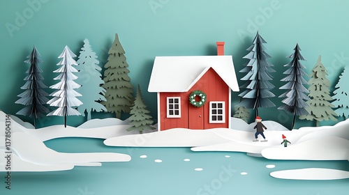 Obraz na płótnie Winter Cabin with Paper Art, and Family Fun. w salonie