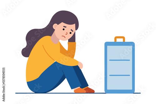 Sad Brunette Woman Sitting Beside Blue Suitcase on a White Background
