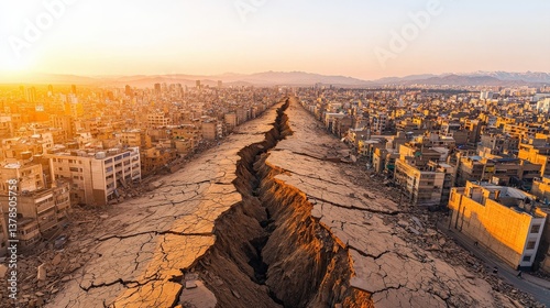 A vast urban landscape divided by a massive earthquake fissure, showcasing the impact of natural disasters on city infrastructure at sunset.