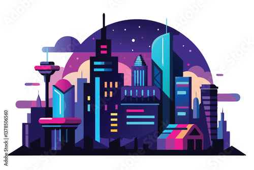 Stylized Cityscape with Modern Colorful Buildings and a Starry Sky on White Background