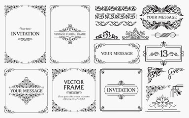 Design elements set, decorative flourish border corner and frame collection for invitation, menu and page decoration