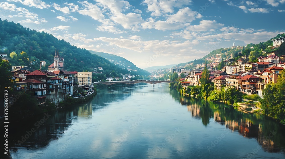 Fototapeta premium Picturesque riverside town nestled in a valley, surrounded by lush green hills, with a bridge spanning the tranquil waterway