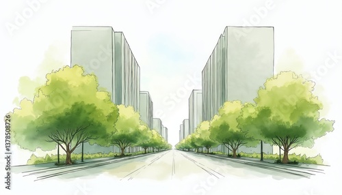 Illustration of sustainable urban design. Eco-friendly elements include green trees along road flanked by buildings. Eco city planning, environmentally friendly architecture, smart city concept,