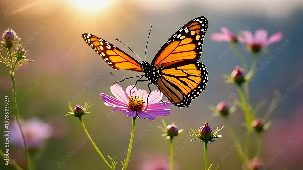 Monarch butterfly perched on a pink flower in a vibrant garden during sunset, showcasing nature's beauty Monarch butterfly perched on a pink flower in a vibrant garden during sunset, showcasing nature's beauty