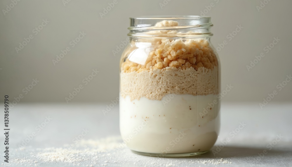 Clear glass jar with sourdough starter mix. Visible layers of flour, water, bubbly yeast fermentation, fresh ingredients. Homemade baking, bread preparation, vegan cooking. Artisan recipe, Clear glass jar with sourdough starter mix. Visible layers of flour, water, bubbly yeast fermentation, fresh ingredients. Homemade baking, bread preparation, vegan cooking. Artisan recipe,