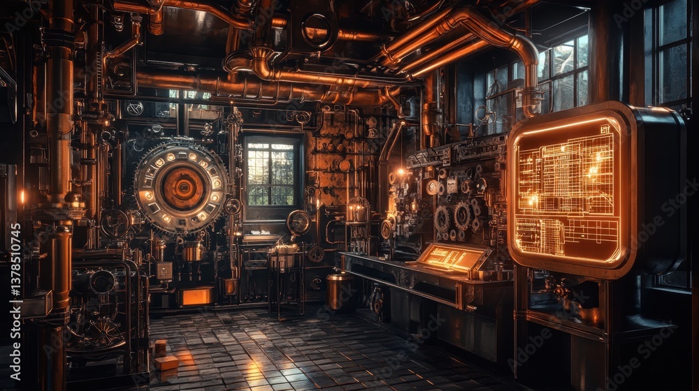 Industrial workshop with gears and glowing elements showcasing mechanical design at night