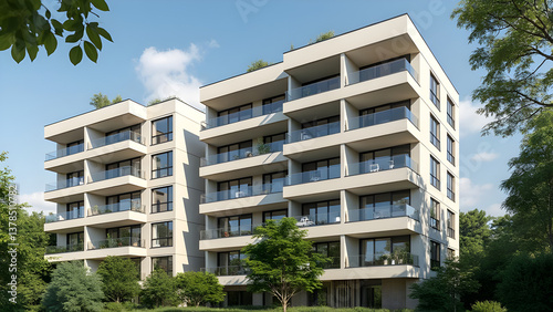 Modern White Apartment Building with Balconies Surrounded by Lush Green Trees Under a Bright Sky, Residential Architecture, Urban Living in Nature, Exterior View.