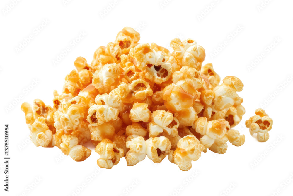 Golden caramel popcorn pile against black background, cut out