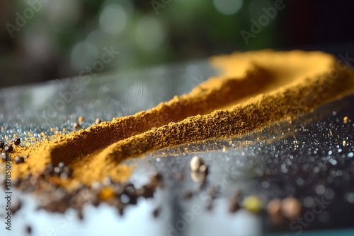 Artistic shot of a spice trail made from a custom blend of garam masala spices, elegantly spread on a glass surface. photo