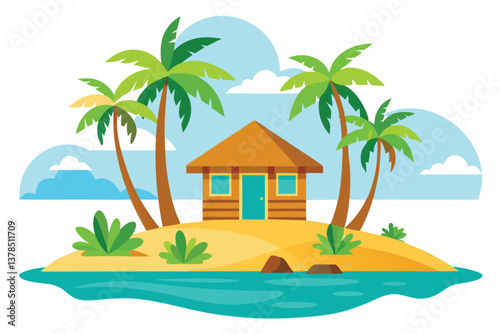 Cartoon Island with Beach Hut and Palm Trees against Light Blue Sky and Clouds