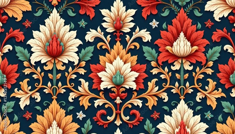 Large-scale damask pattern, bold scrolling acanthus leaves & vines , pattern, bold, large scale Large-scale damask pattern, bold scrolling acanthus leaves & vines , pattern, bold, large scale