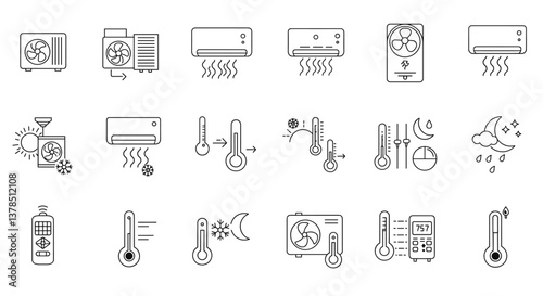 HVAC system icons set.  Air conditioning, temperature control, and more.