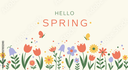Hello Spring! Colorful flowers and butterflies.
