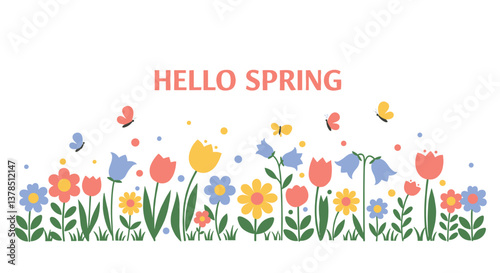 Hello Spring! Colorful flowers and butterflies.