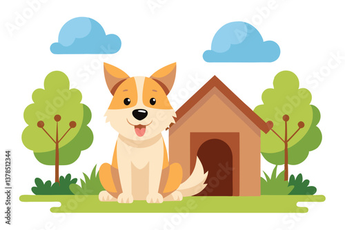 Cartoon Smiling Dog Sitting Near Doghouse on Grass with Tree and Cloud Design