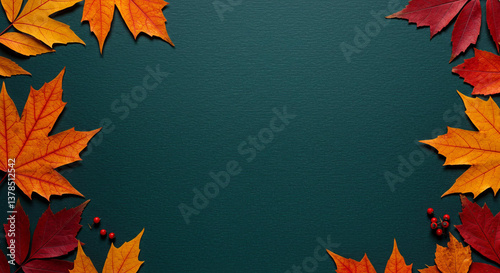 Autumn background with colored red leaves on an empty teal blue slate background. Top view, copy space, AI-generated 
