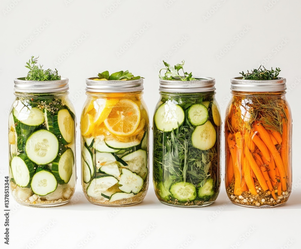 Homemade fermented vegetables in mason jars. Colorful, sliced cucumbers, zucchini, carrots, herbs, and lemon. Healthy, flavorful, and preserved Homemade fermented vegetables in mason jars. Colorful, sliced cucumbers, zucchini, carrots, herbs, and lemon. Healthy, flavorful, and preserved