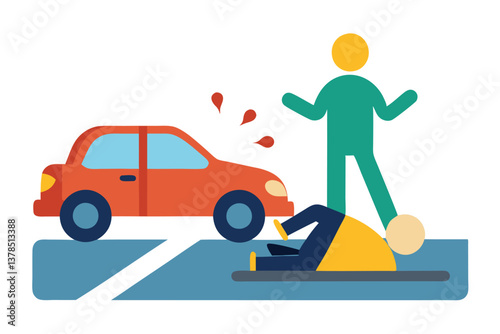 Car Accident Featuring Victim with Concerned Person and Road Isolated on White