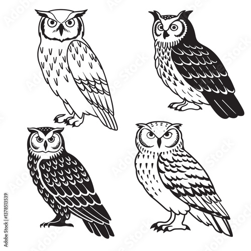 set vector various owl, owl sitting on a tree branch silhouettes