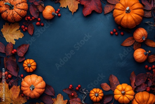 Fototapeta Naklejka Na Ścianę i Meble -  Autumnal Thanksgiving border with pumpkins, leaves, and berries.  A festive fall arrangement in rich jewel tones