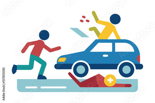 Car Accident with Man Running, Victim Under Car, Injured on Car Top