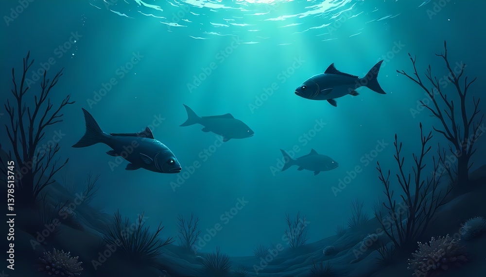 Fototapeta premium Subaquatic Reverie: Dive into the ocean's heart, where four fish navigate the deep blue, their silhouettes dancing against the ethereal backdrop of sunlit water.