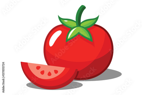 Cartoon Tomato With Slice on Transparent Background, Fresh Red Vegetable