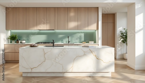 The modern kitchen features a sleek marble counter with light brown and gold accents, complemented by a light green backsplash that gives the space a crisp and clean look