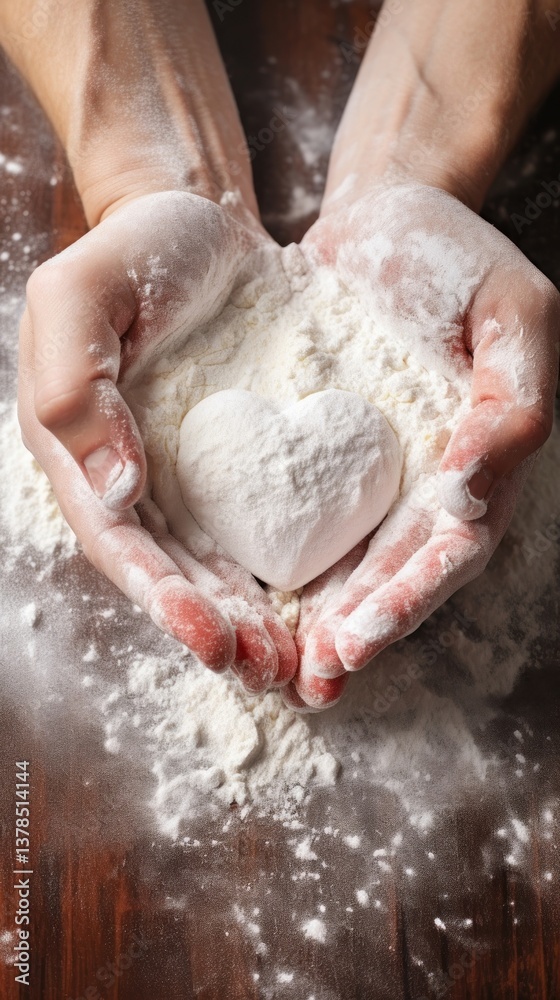 Fototapeta premium Hands creating heart shapes with flour while baking kitchen ingredient freshness.