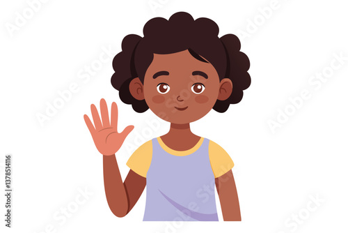 Cartoon African Girl Waving Hand on White Background
