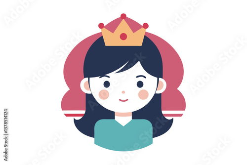 Cartoon Young Girl with Crown Icon Flat Design Smiling Portrait