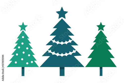 Christmas Trees Icons Star Topped Evergreen Silhouettes in Teal and Green on White