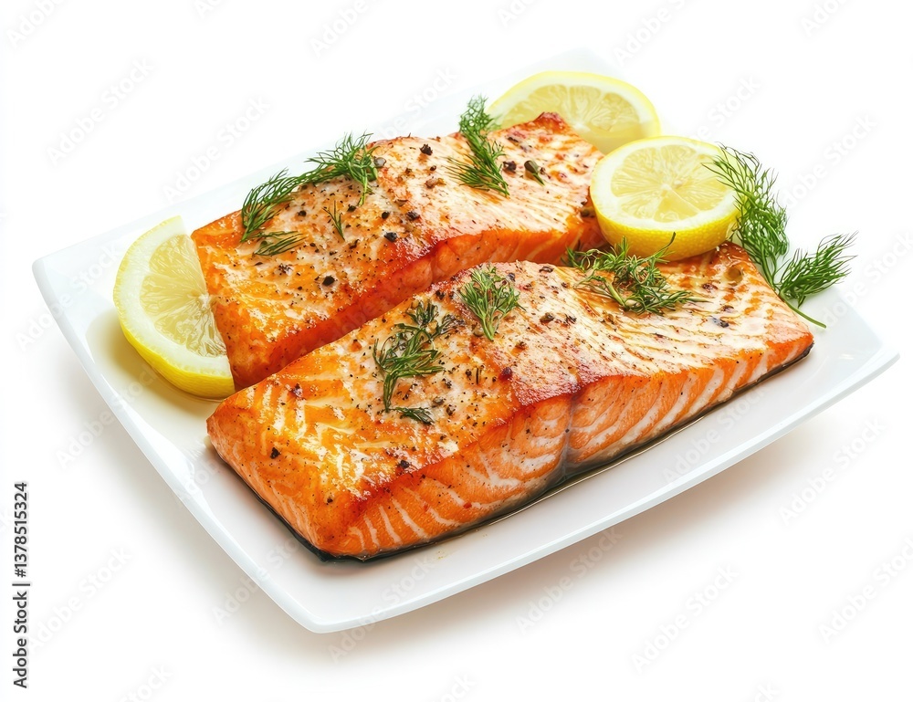 Two pan-seared salmon fillets, garnished with fresh dill and lemon slices Two pan-seared salmon fillets, garnished with fresh dill and lemon slices