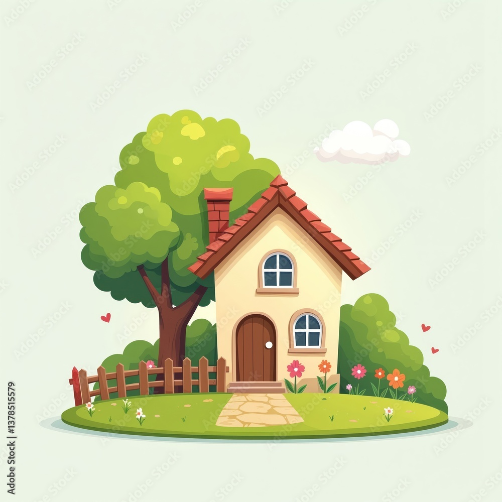 Naklejka premium Cartoon house illustration with green trees, colorful flowers, grass. Summer landscape. Sunny day. Wooden door, windows. Visual style image suitable for design. Home sweet home concept.