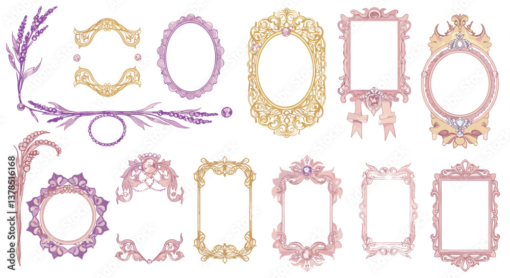 Elegant collection of ornate frames and floral designs in pastel colors.
