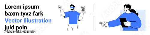 Man holding lightbulb gesturing innovation, woman holding a tablet pointing out direction. Ideal for creativity, teamwork, problem-solving, collaboration, innovation, project planning, simple landing