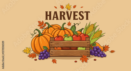 Autumn harvest bounty in a wooden crate.