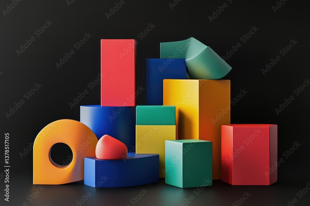 Fototapeta premium Geometric blocks on black background, 3D render. AI generated illustration.