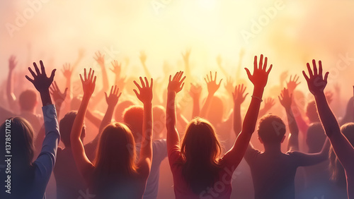 Crowd of People with Raised Hands Facing a Glowing Christian Cross, Worship, Religious Gathering, Spirituality, Faith, Hope, and Community Concept.
