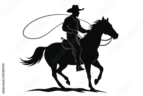 Cowboy Riding Horse Silhouette with Lasso, Isolated on Transparent Background