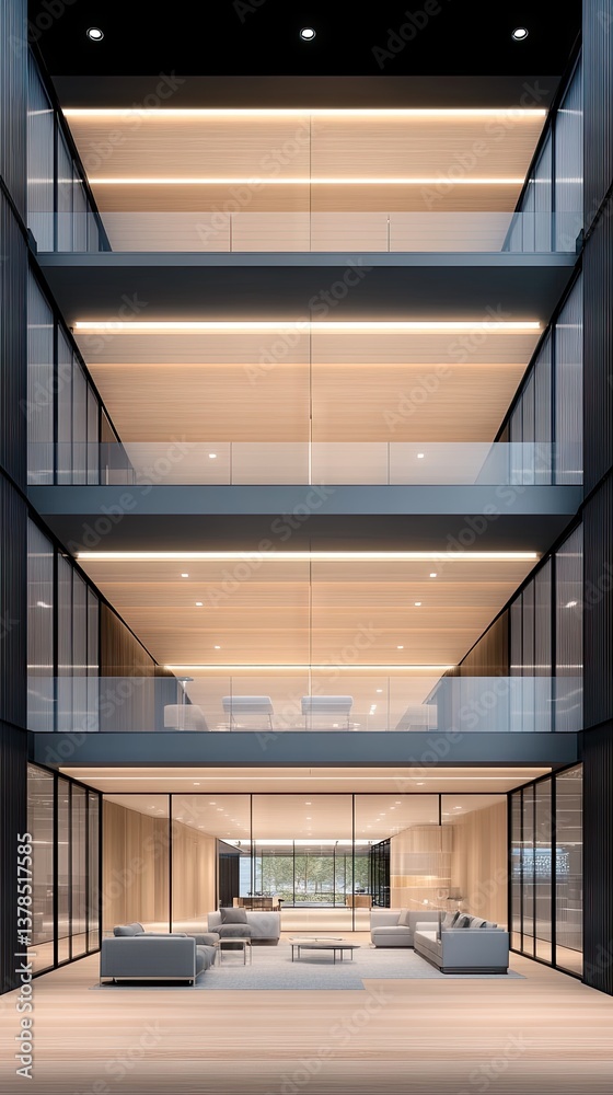 Fototapeta premium Modern building facade with glass balconies and an inviting lounge area