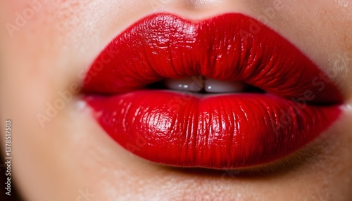 The close up image showcases a pair of elegant, vibrant red lips adorned with a glossy lipstick, adding a touch of glamour and sophistication to the woman's overall look.