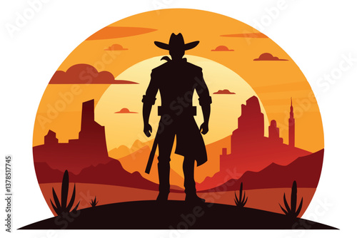 Cowboy Silhouette in Desert Landscape with Sunset, Hat, and Mountains