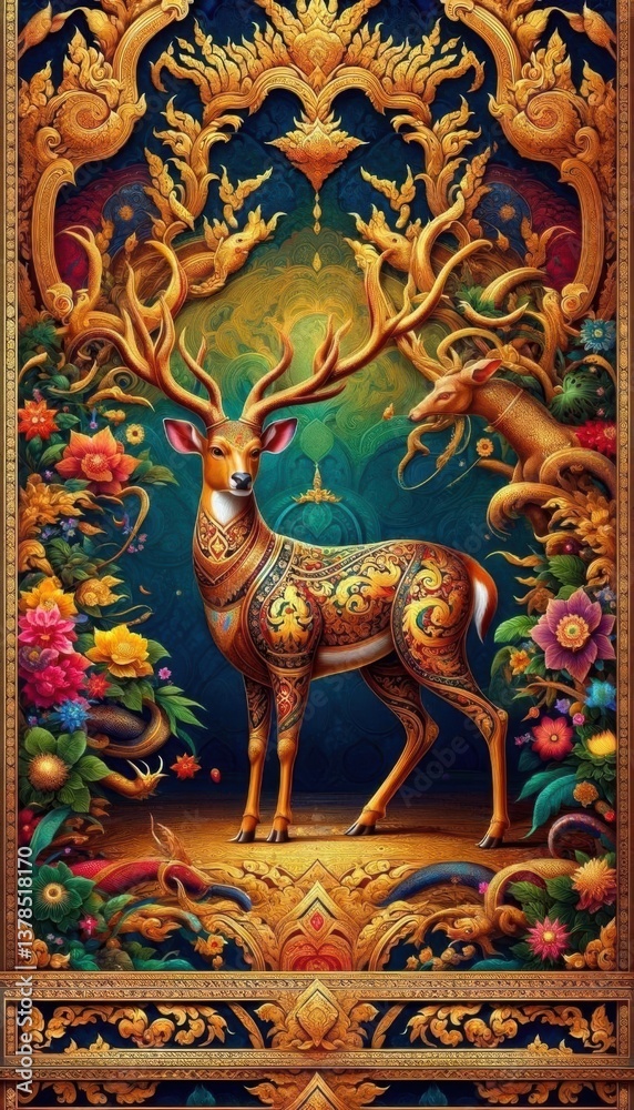 Fototapeta premium Colorful Ornate Deer with Floral Background